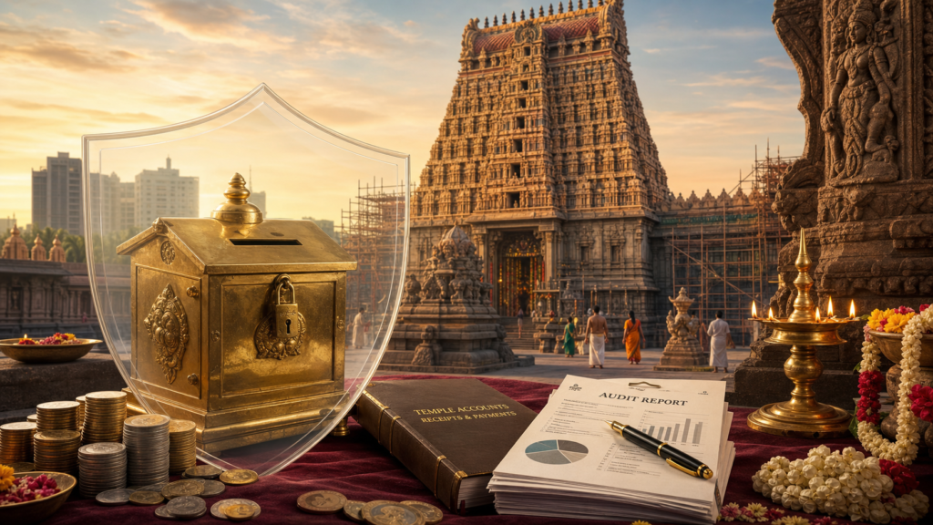 Brass temple donation box, rupee coins, audit papers and a protective shield before a South Indian gopuram at dawn