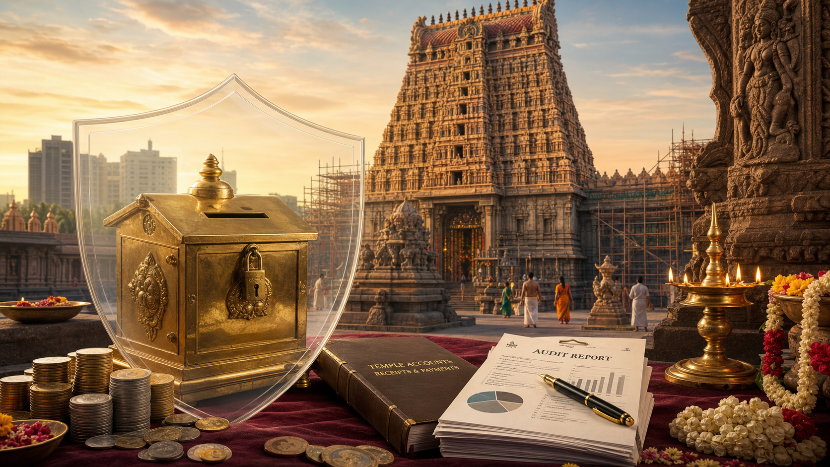 Brass temple donation box, rupee coins, audit papers and a protective shield before a South Indian gopuram at dawn