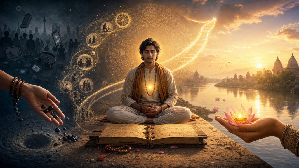 Spiritual seeker meditating beside an ancient scripture as dark karma transforms into a golden path of awakening