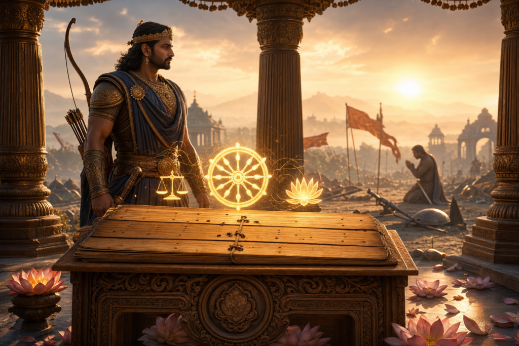 Ancient Indian warrior beside an illuminated Manusmriti manuscript with dharma symbols at sunrise
