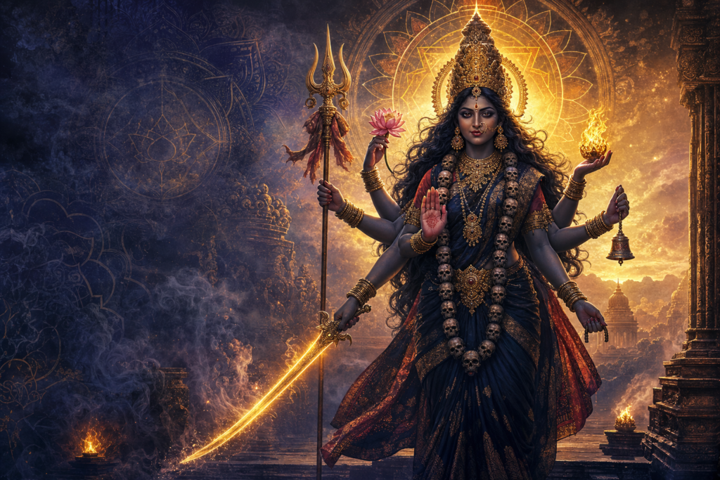 Radiant Shakti goddess-inspired figure holding sacred symbols in a golden temple scene