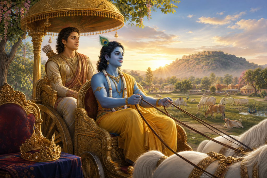 Krishna guiding Arjuna in a golden chariot at sunrise, with a crown set aside near peaceful pastures.