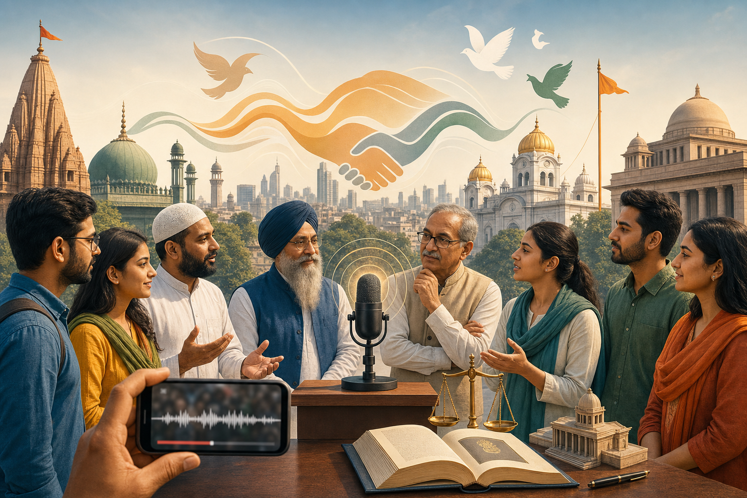 Diverse Indian citizens discuss civic harmony around a podium microphone with religious landmarks and justice symbols in the background.