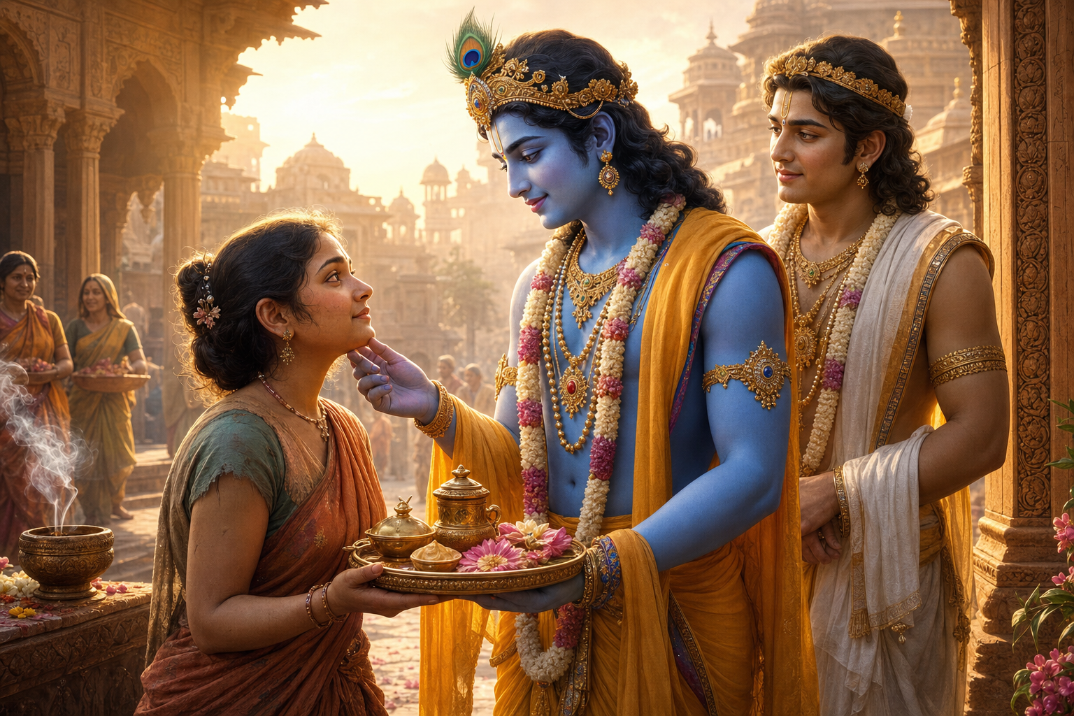 Sri Krishna gently lifts Kubja's chin in ancient Mathura as Balarama stands beside them.