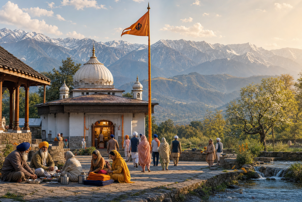 Sikh gurdwara in Kashmir with a saffron Nishan Sahib, devotees, spring water, and snow-capped mountains
