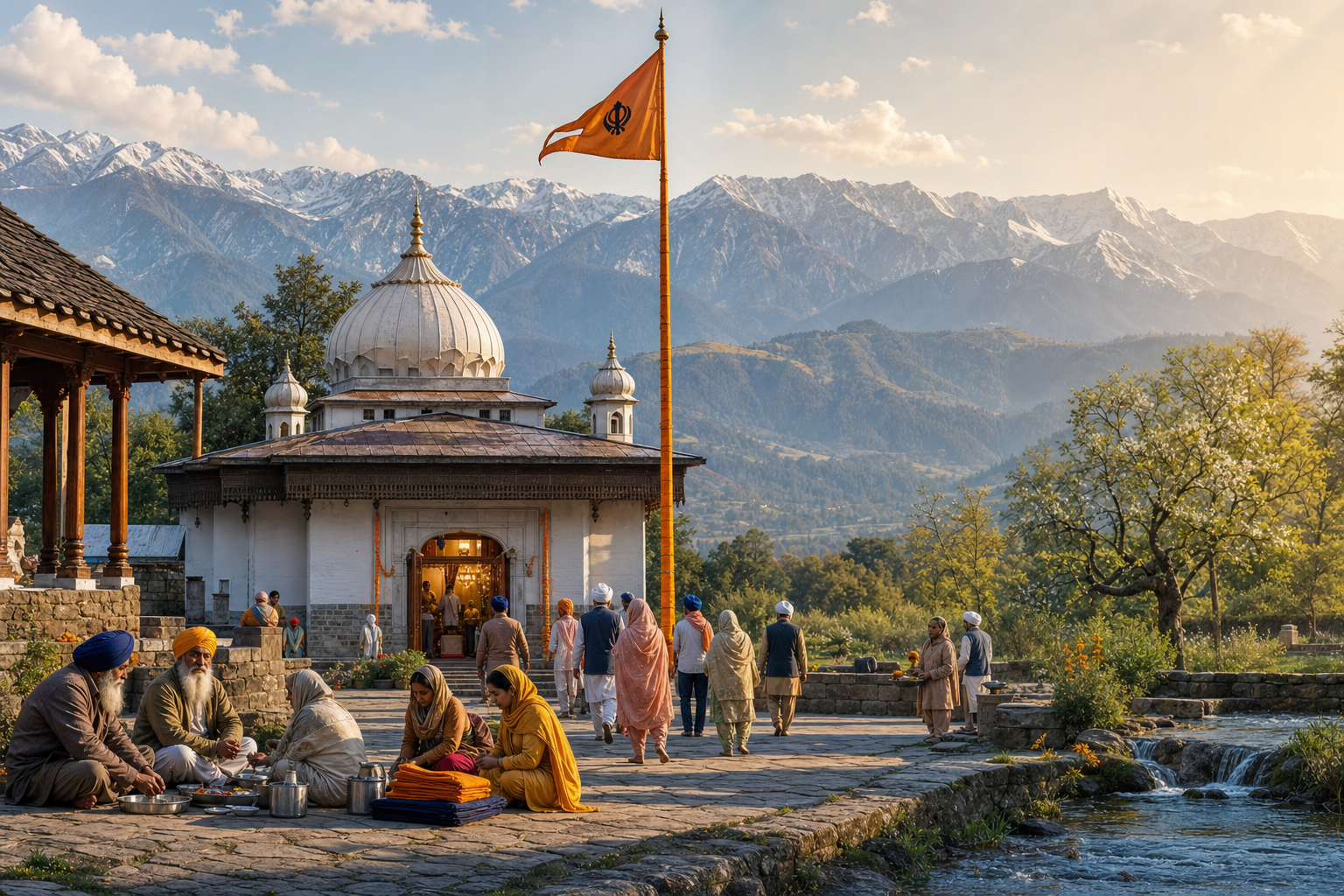 Sikh gurdwara in Kashmir with a saffron Nishan Sahib, devotees, spring water, and snow-capped mountains