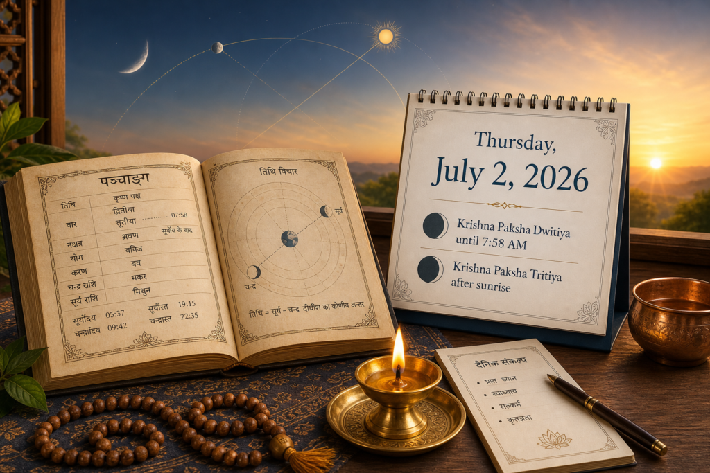 Hindu Panchang study scene for Thursday, July 2, 2026 with almanac, calendar, moon phase, diya, and prayer beads