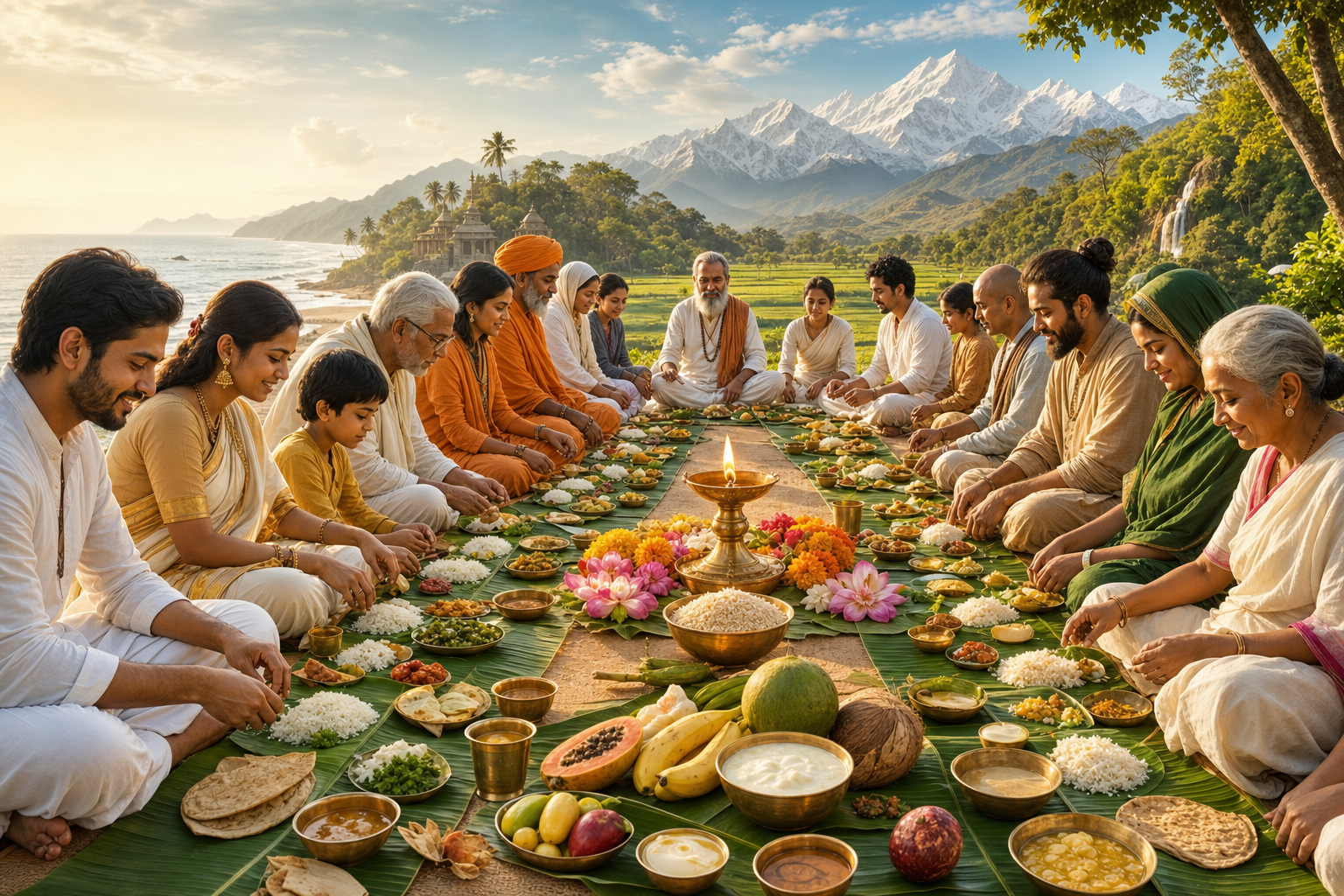 Indian community meal on banana leaves with brass diya and regional foods in a serene landscape