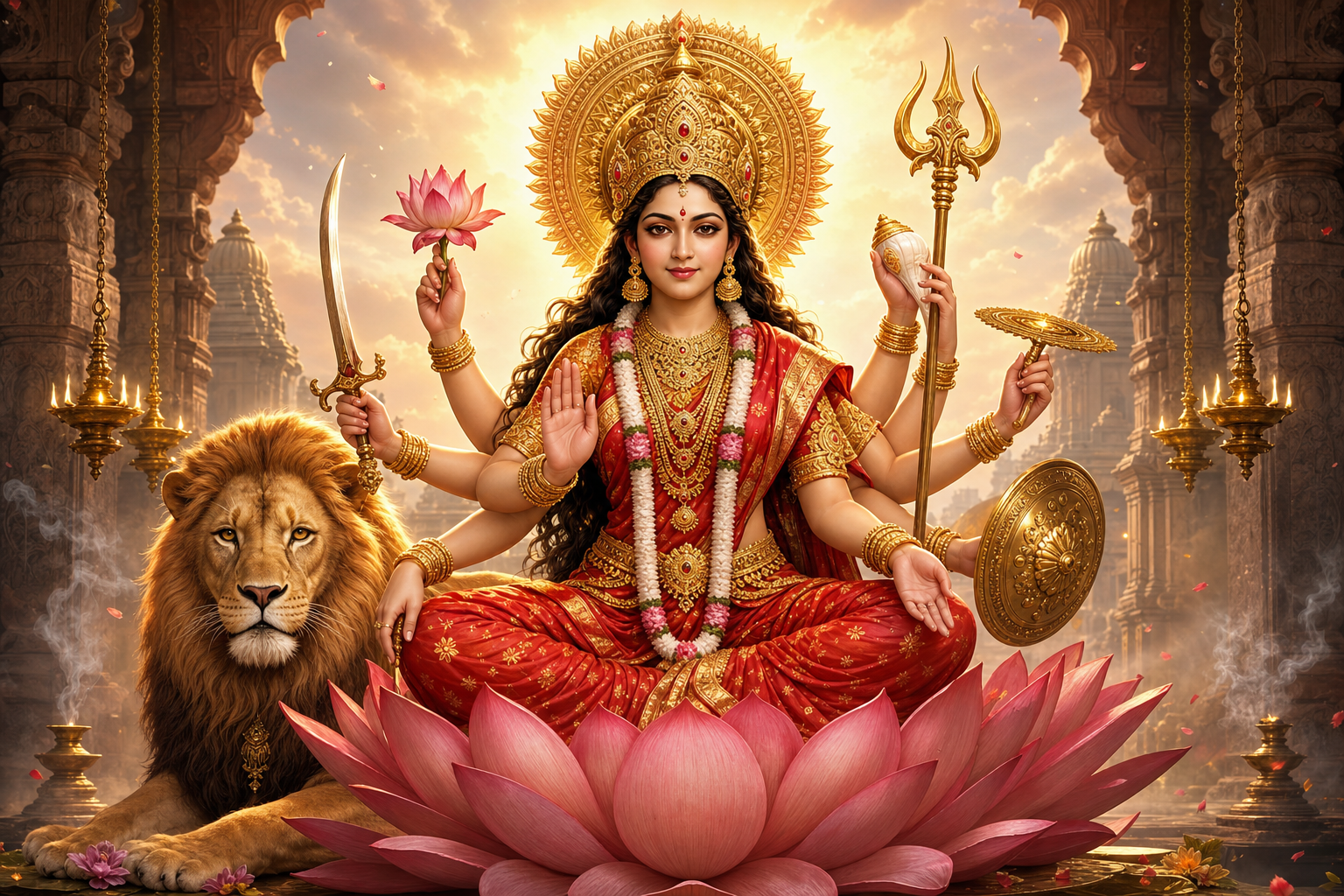 Mangala Chandi seated on a pink lotus with a lion, golden halo, and sacred symbols