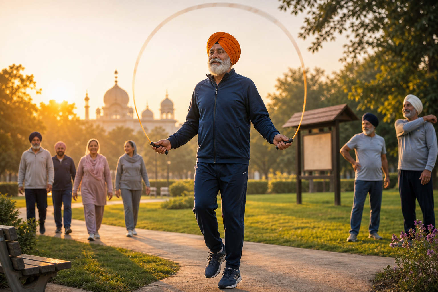 Elderly Sikh man in a saffron turban skipping rope in a sunrise community park