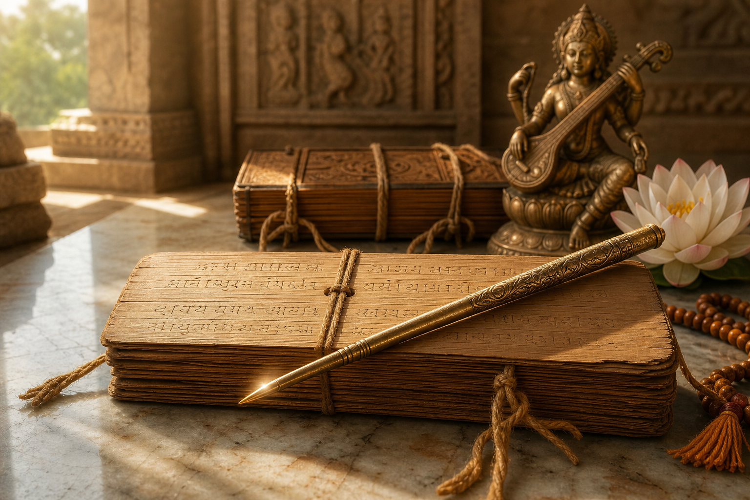 Sacred lekhani stylus on an ancient palm-leaf manuscript in a temple study