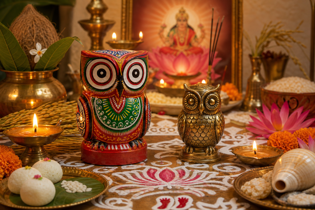 Bengali Lakshmi Puja altar with painted wooden owl, brass owl, oil lamps, rice alpana, lotus, sweets, and offerings
