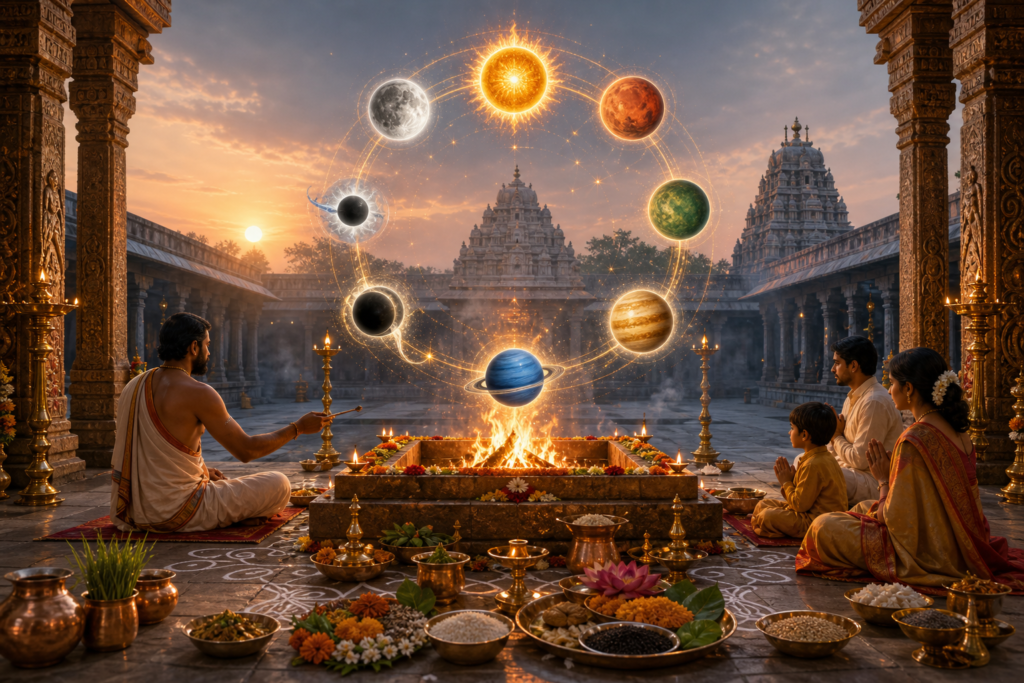 Navagraha homa ritual in a Hindu temple courtyard with sacred fire and celestial planetary mandala