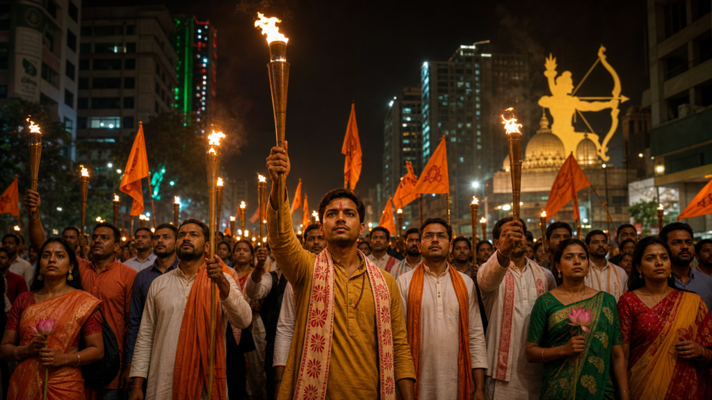 Hindu devotees hold torches and saffron flags during a peaceful nighttime rally in Dhaka, Bangladesh.