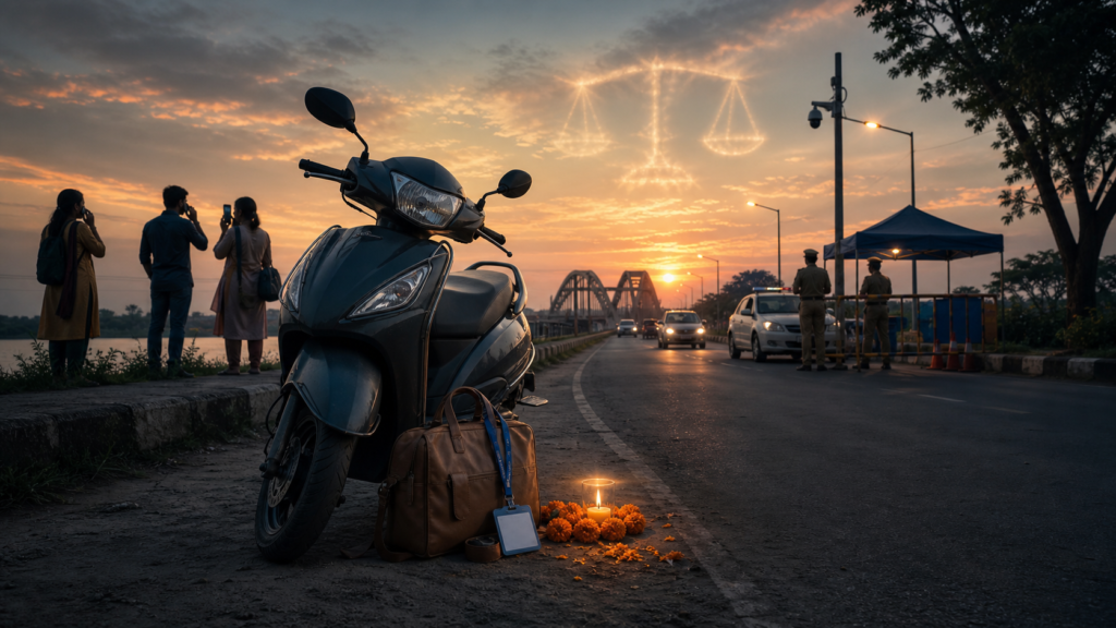 Parked scooter and work bag beside a candle memorial near a Malda bridge at dusk with police checkpoint