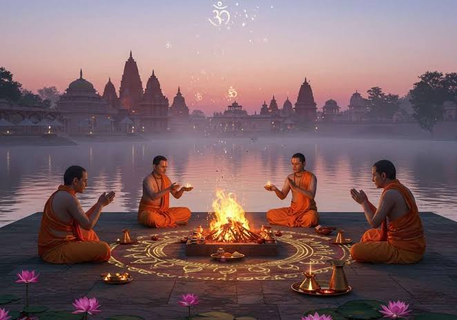Hindu priests in saffron robes perform a sacred fire ritual by a temple lake at dawn, reflecting Sanatan Dharma, Bharat, and Hindu culture.