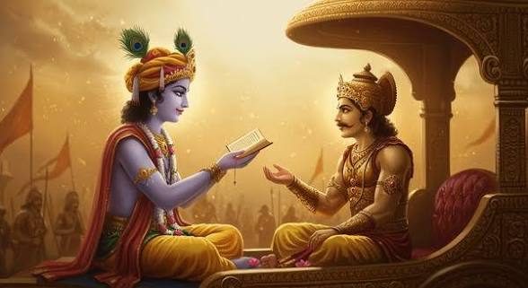 Lord Krishna instructs Arjuna with scripture on the Kurukshetra battlefield, symbolizing Bhagavad Gita teachings on Dharma in Hindu Dharma.