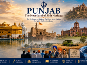 Punjab Sikh heritage collage with the Khanda, Golden Temple, historic forts, rural fields, and Sikh figures evoking Guru Hargobind Sahib's legacy.