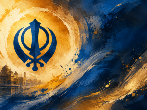 Sikh Khanda symbol glowing against blue and gold brush strokes, with a temple silhouette below, evoking Guru Hargobind Sahib's spiritual and martial legacy.