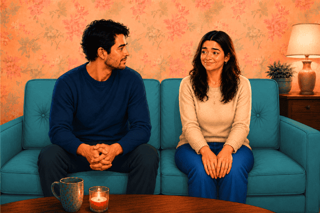 Illustration of a tense couple on a teal couch, showing disconnection, fawning patterns, and the smallness of being the easy one in relationships.