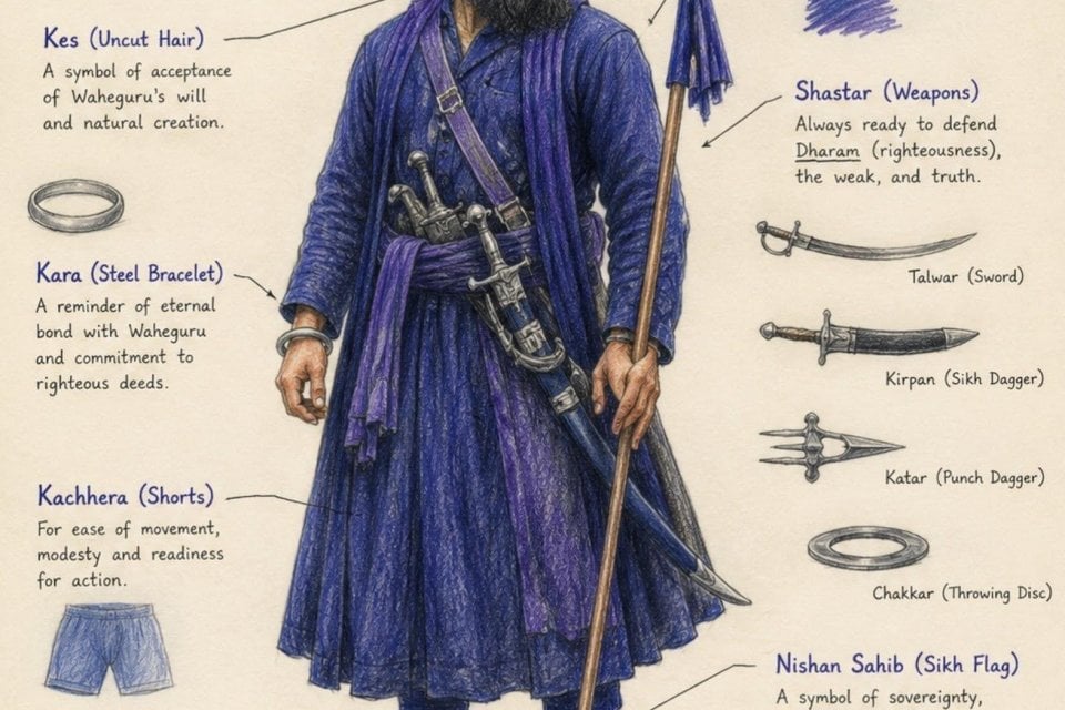 Illustrated anatomy of a Nihang Singh in blue bana, labeled with Sikh symbols including Kes, Kara, Kachhera, Shastar weapons and Nishan Sahib.