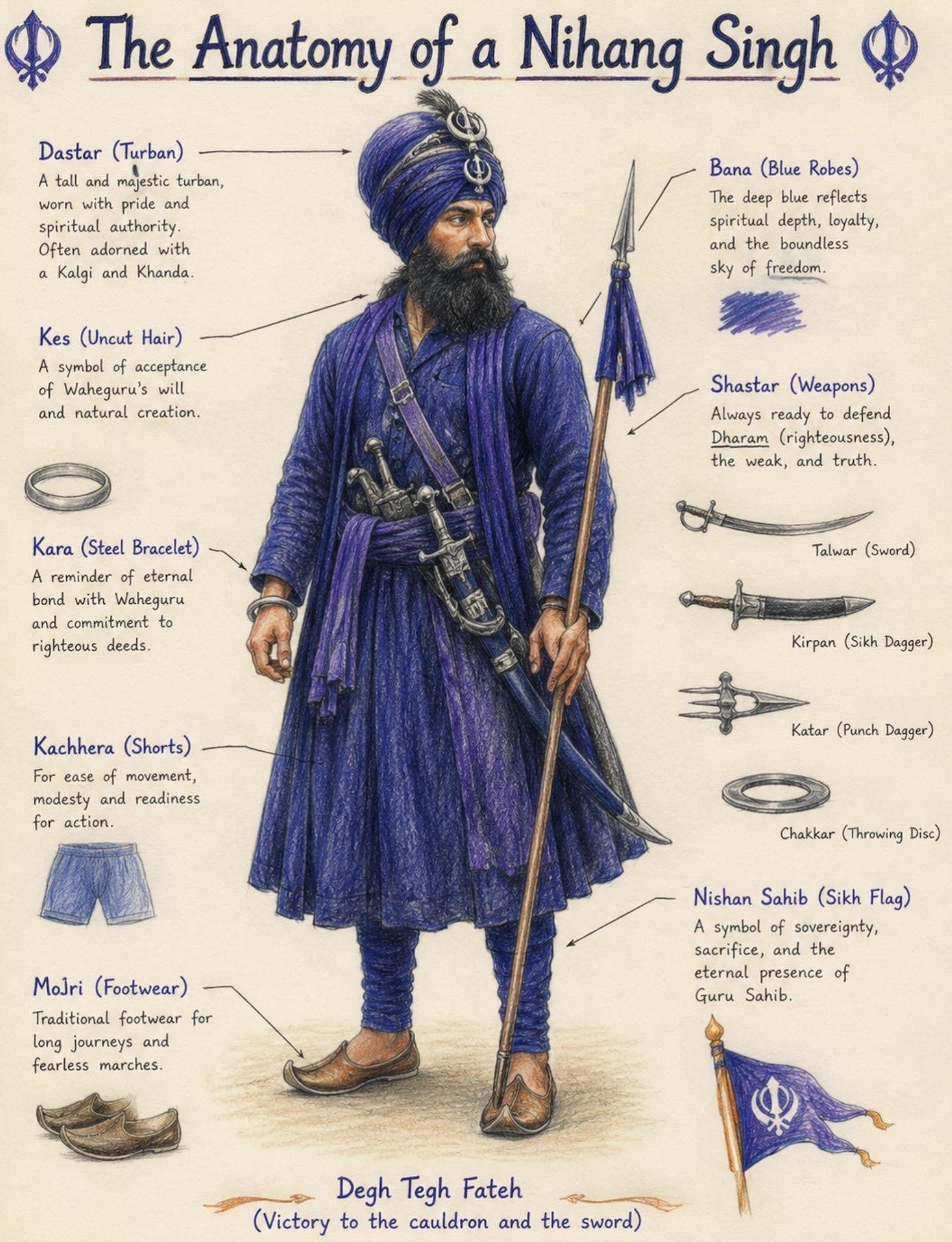 Illustrated anatomy of a Nihang Singh showing blue dastar, bana robes, shastar weapons, kara, kachhera, mojri, and Sikh flag symbolism.