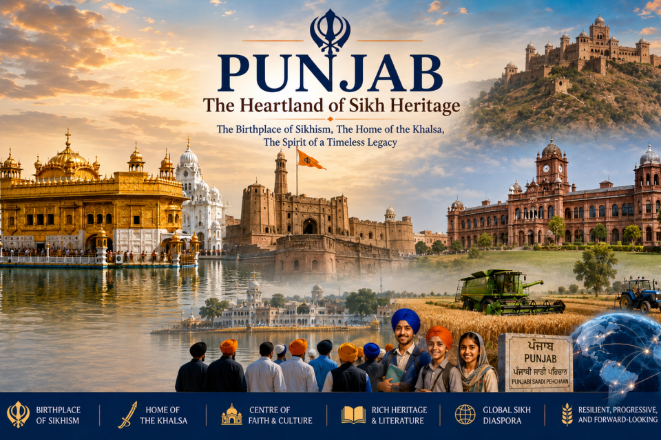 Illustrated collage of Punjab, the Heartland of Sikh heritage, showing the Golden Temple, Khalsa landmarks, forts, farms, and Sikh community figures.