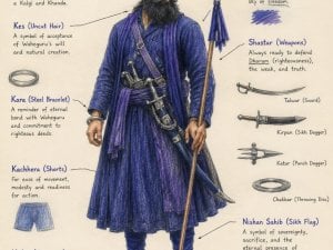 Illustration of a Nihang Sikh warrior in blue traditional dress with labeled weapons and garments, linking Punjab to Sikh martial heritage.