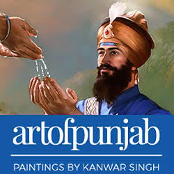 Art of Punjab painting showing a Sikh figure in a turban receiving water in cupped hands, with Kanwar Singh artwork branding below.