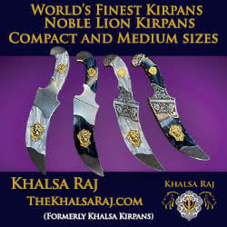 Advertisement showing four ornate Khalsa Raj kirpans on a purple background, with gold text promoting compact and medium noble lion kirpans.