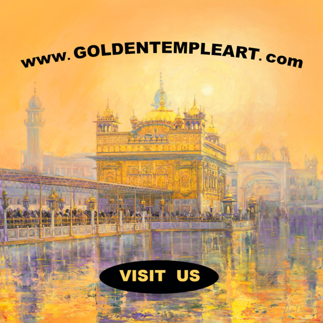 Painterly image of the Golden Temple in Amritsar with reflected water, golden sky, and promotional text for GoldenTempleArt.com.