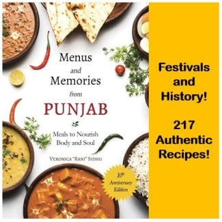 Book cover for Menus and Memories from Punjab showing Punjabi dishes, naan, spices, and a yellow banner promoting festivals, history, and 217 recipes.