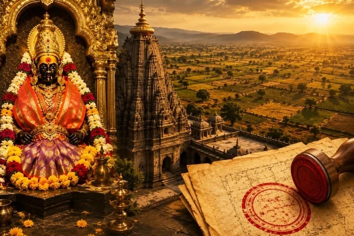 Illustration of Shri Tuljabhavani Devi Mandir, temple land records and seal, representing Maharashtra inquiry into 4,121-acre Inam land scam