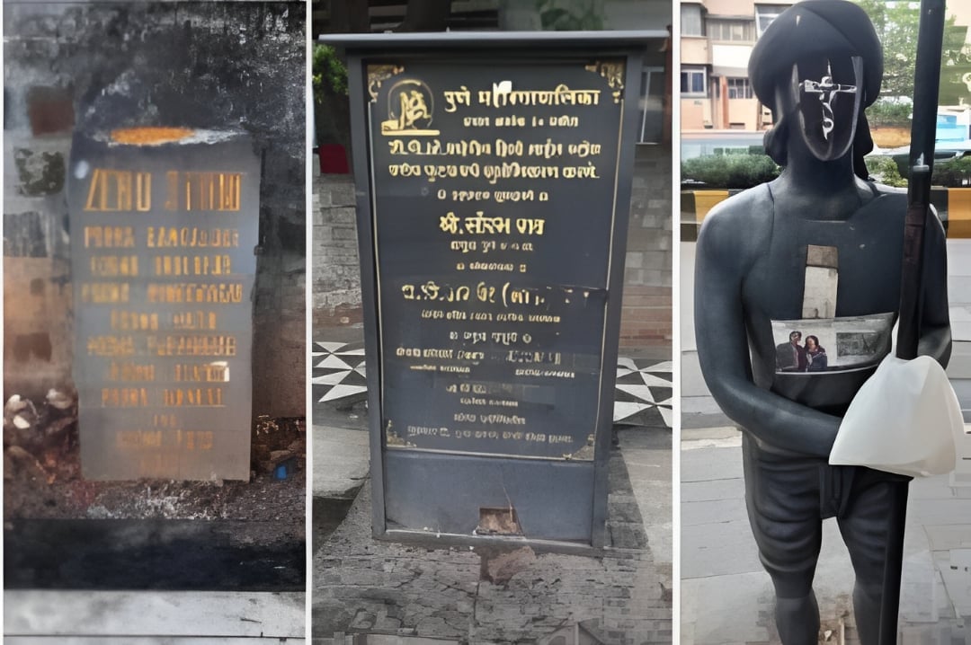 Collage of Solapur site photos showing a damaged plaque, municipal signboard and a black statue with a cross, linked to an unauthorised church probe.