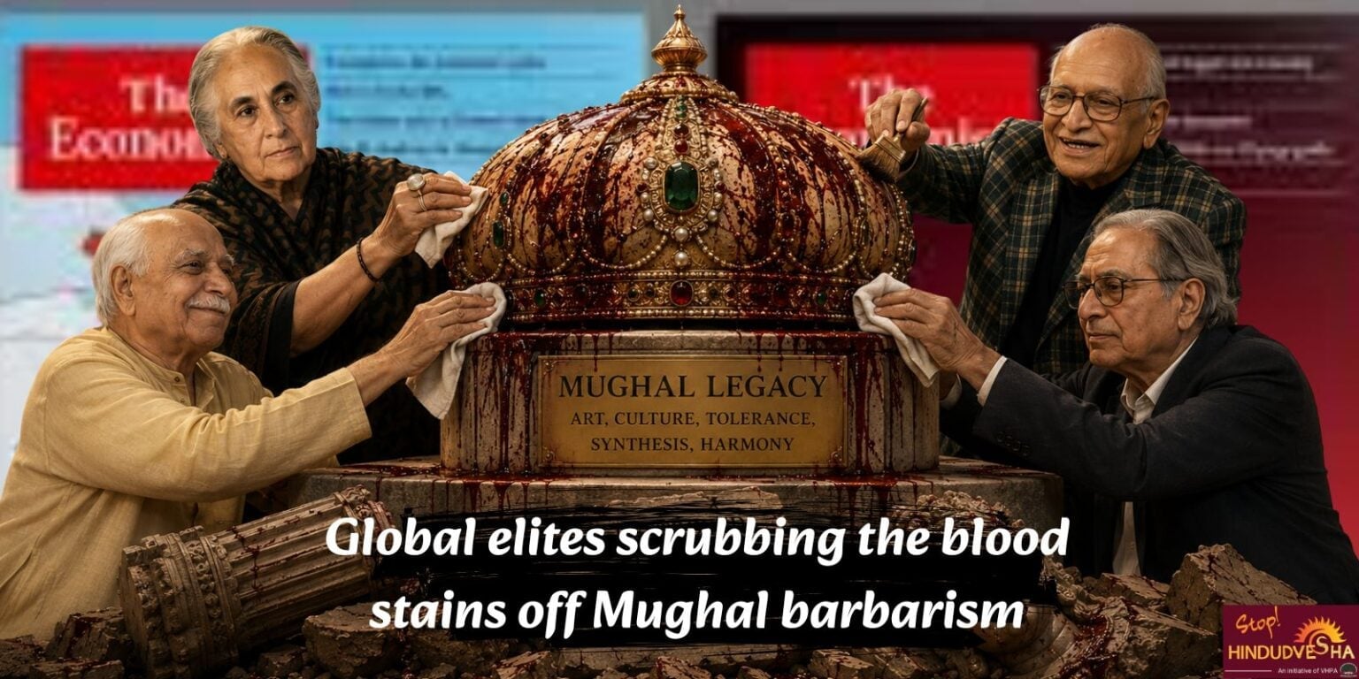 Composite image of four older elites cleaning a blood-stained Mughal Legacy monument, with The Economist backdrop, for Bharat history and Hindu Dharma debate.