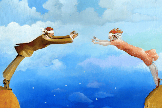 Illustration of two blindfolded people leaning from separate cliffs and reaching across a blue sky, symbolizing codependency, control, approval, and relationships.