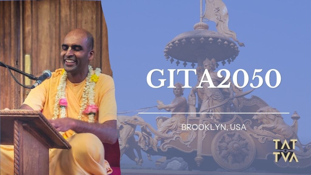 Svayam Bhagavan Keshava Maharaja speaking at a microphone beside Gita2050 Brooklyn USA title graphic with Krishna chariot artwork.