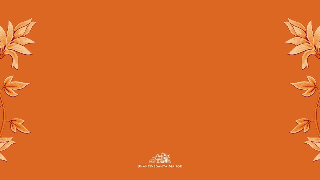 Orange Bhaktivedanta Manor Media thumbnail with cream floral borders, a small manor logo, for ŚB 3.16.18 by Shyamsundar Das.
