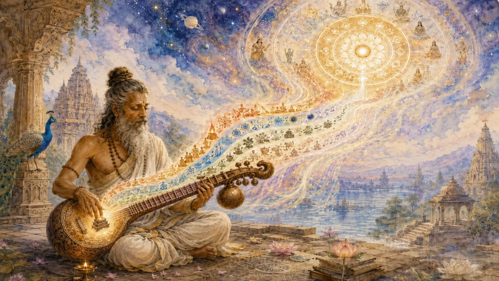 An elderly rishi plays a veena beside Bharat temple architecture as a radiant cosmic mandala symbolizes Dharma, Advaita, and sacred knowledge.