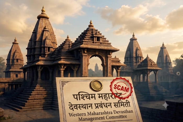 Illustration of Maharashtra temple complex with a document labeled Western Maharashtra Devasthan Management Committee and a red scam stamp.