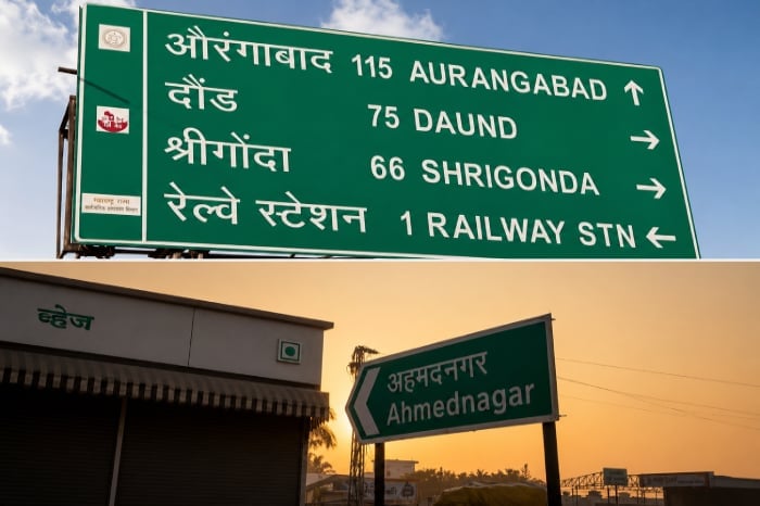 Composite image of Maharashtra road signs showing Aurangabad and Ahmednagar names in English and Devanagari amid calls to update highway signboards.