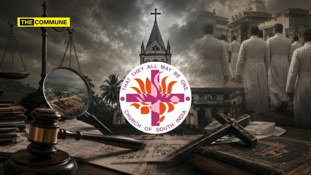 Collage of CSI church logo, court gavel, scales and land map for Bharat crime report on alleged land fraud and Persecution of Hindus concerns.