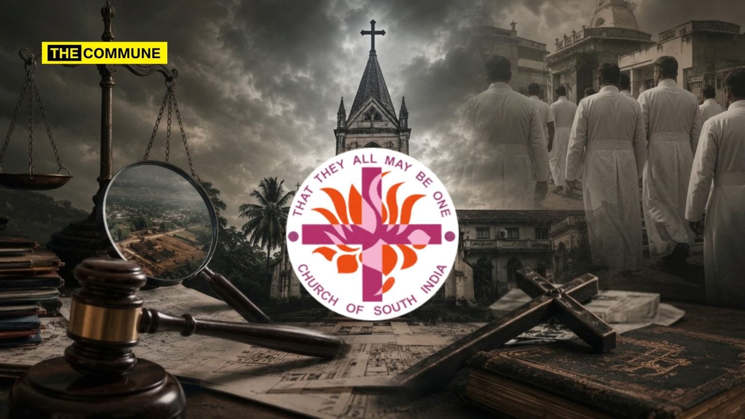 Collage of CSI church logo, court gavel, scales and land map for Bharat crime report on alleged land fraud and Persecution of Hindus concerns.