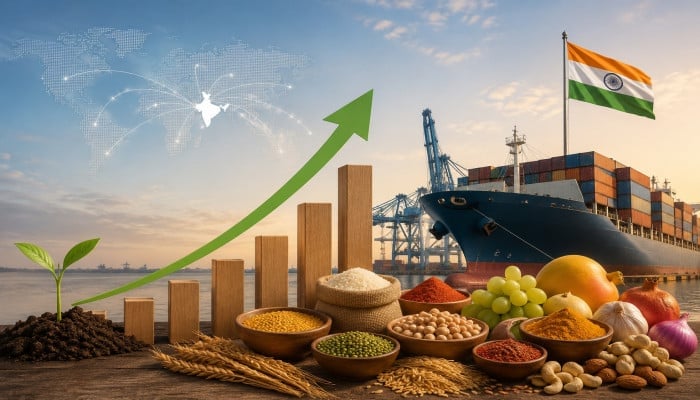 Bharat food exports concept with grains, spices, produce, growth chart, cargo ship, port cranes, world map, and Indian flag for business economy