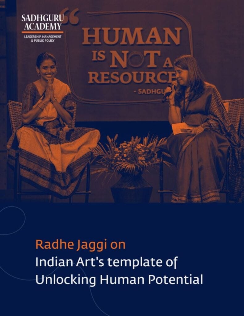 Radhe Jaggi speaks at Sadhguru Academy's Human Is Not a Resource program, connecting Indian classical arts with leadership and human potential.