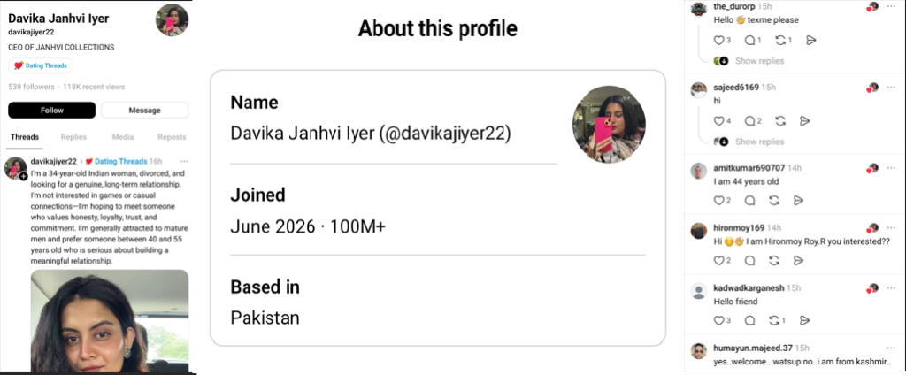 Screenshot of a Threads profile named Davika Janhvi Iyer showing profile details, Pakistan location and replies, used in a Bharat internal security honey trap context.