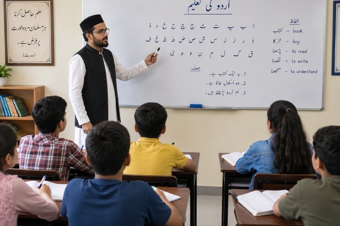 Teacher pointing at a whiteboard during an Urdu lesson in a classroom, with students seated at desks, related to the Armoor Telangana school row.