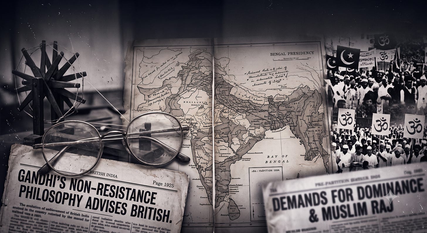 Monochrome collage of Gandhi-era British India with a charkha, round glasses, colonial maps, newspapers, and protest crowds with religious symbols.