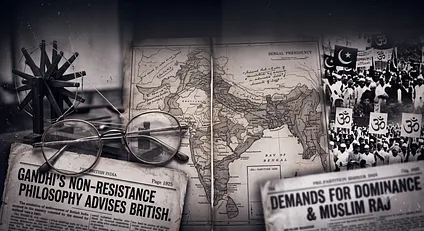 Sepia collage of Gandhi-era newspapers, a map of India, spectacles, a spinning wheel, and protest imagery about British Raj and Muslim Raj.