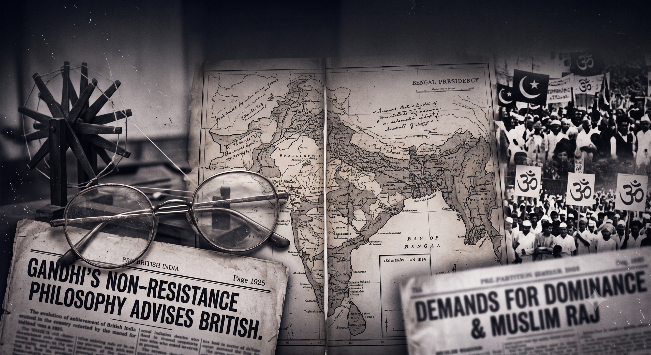 Monochrome collage of Gandhi-era India with charkha, round glasses, Bengal Presidency map, newspapers, and Hindu-Muslim protest imagery.